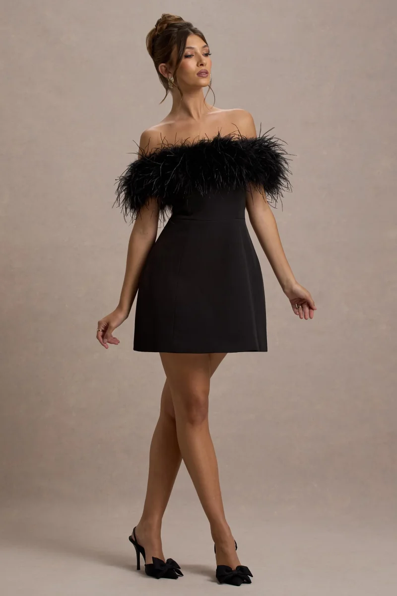 Palace | Vestido negro corto con escote bardot y ribete de plumas - Imagen 6