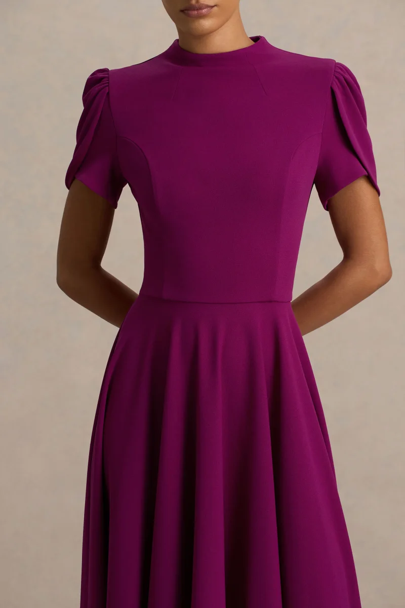 Vicky | Vestido Midi Color Morera Con Escote Alto Y Mangas Abullonadas - Imagen 4