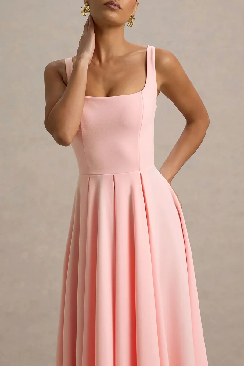 Parina | Vestido midi rosa claro con escote cuadrado y falda voluminosa - Imagen 4