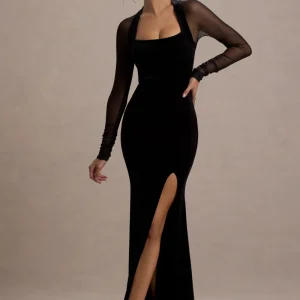 Apres | Vestido Largo Ajustado de Terciopelo,mangas largas de malla y escote cuadrado