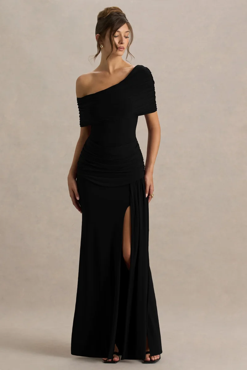 Dynasty | Vestido Largo Negro con Escote Asimétrico, Detalles Fruncidos y Abertura Alta Frontal - Imagen 6