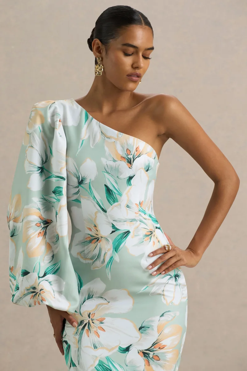 Kellis | Vestido largo Asimétrico con Manga Abullonada en Estampado Floral Verde - Imagen 4