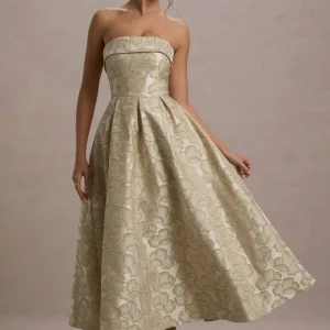 Zuma | Vestido Midi con escote bardot y detalles dorados y falda plisada