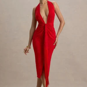 Auria | Vestido rojo midi con escote pronunciado y detalle de nudo con flecos