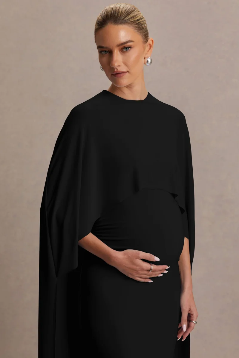 Padma | Vestido Largo Premamá Negro Drapeado con Mangas Capa - Imagen 7