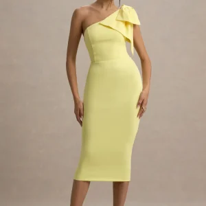 Ambretta | Vestido Midi entallado amarillo con detalle de lazo en el hombro
