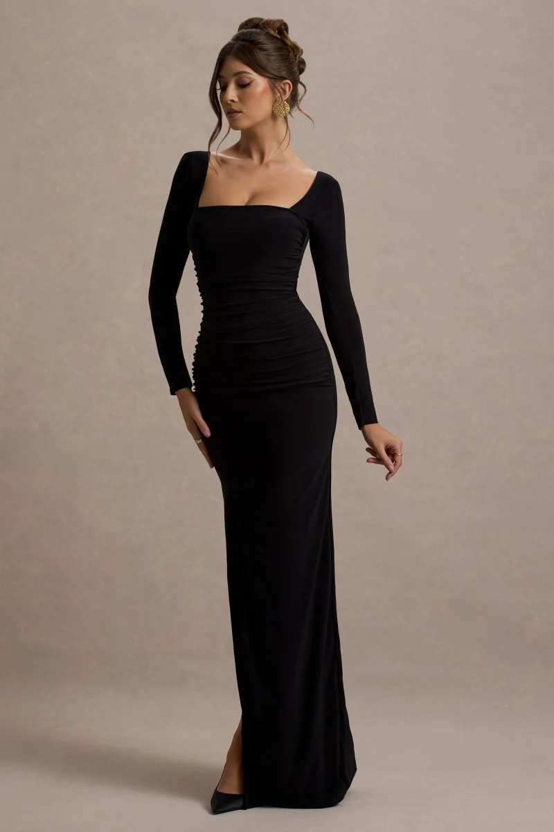My Pleasure | Vestido Largo Negro con Cuello Cuadrado y Fruncido - Imagen 5