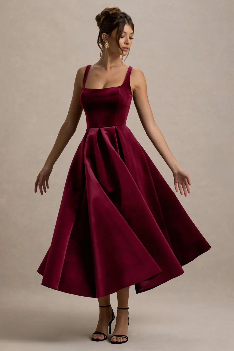 Francisca | Vestido midi de terciopelo burdeos con falda plisada - Imagen 5