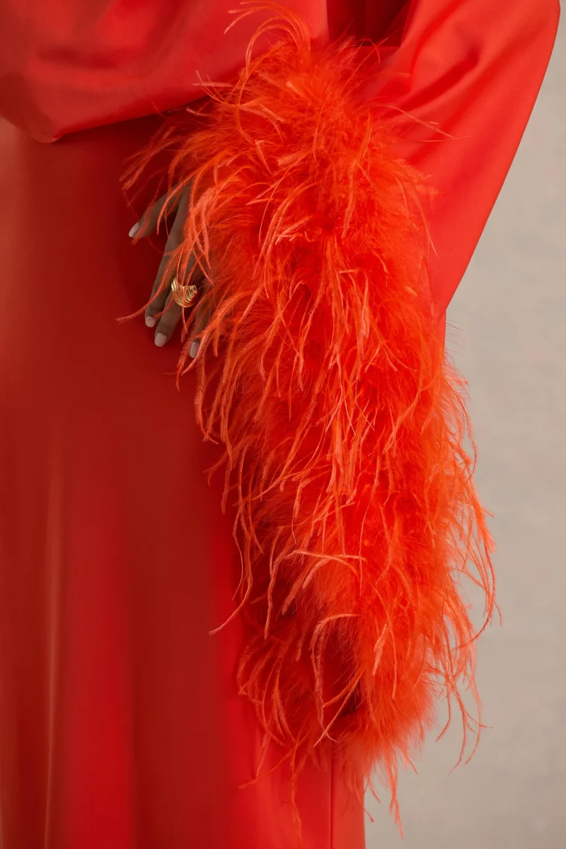 Felicity | Vestido Largo naranja de satén con escote asimétrico con plumas y detalles fruncidos - Imagen 7
