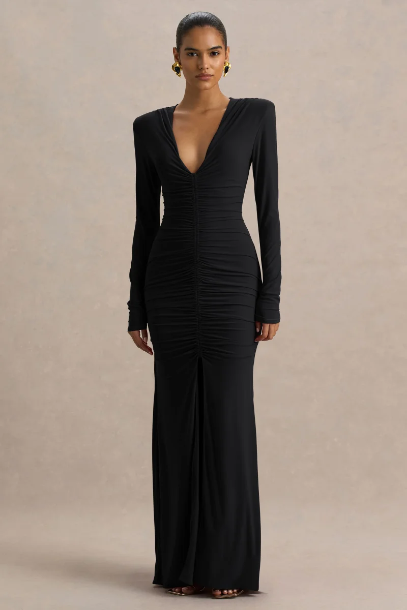 Jewel | Vestido Largo de cuello de pico profundo negro con abertura frontal y detalle fruncido - Imagen 6