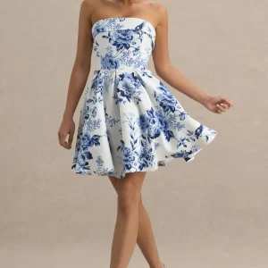 Fiorenza | Vestido corto con falda plisada y estampado floral azulado