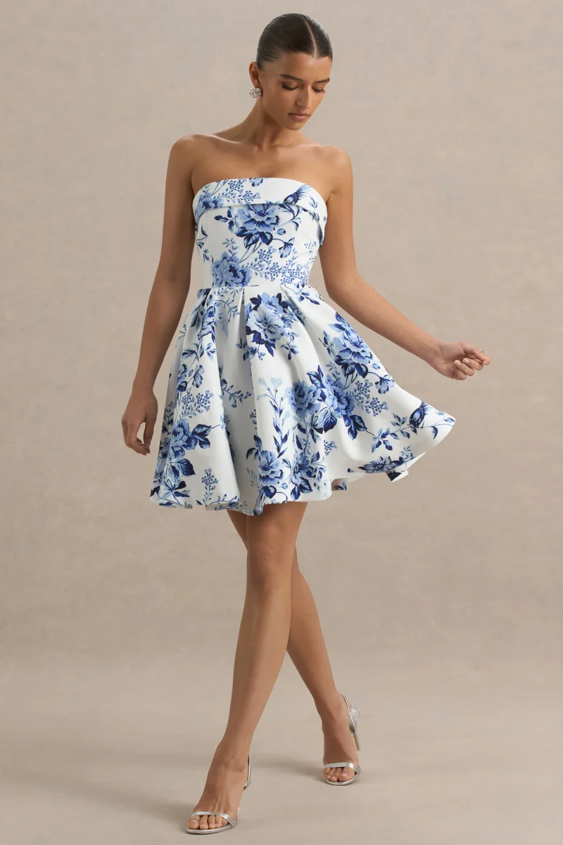 Fiorenza | Vestido corto con falda plisada y estampado floral azulado