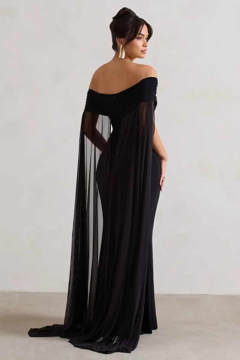 Carlotta | Vestido largo negro ajustado con capa de gasa y escote bardot - Imagen 3