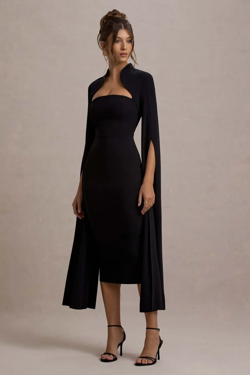 Linden | Vestido midi ajustado al cuerpo con mangas en color negro - Imagen 6