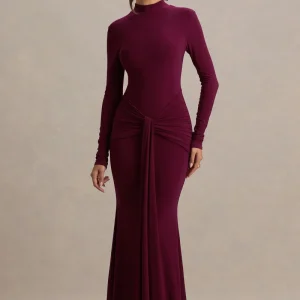 Pietra | Vestido Largo con nudo, manga larga y cuello alto en color frambuesa