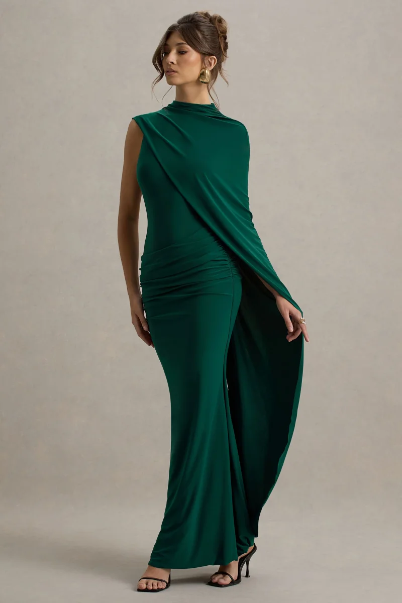Maeve | Vestido largo Verde Botella con Manga Capa Drapeada - Imagen 6