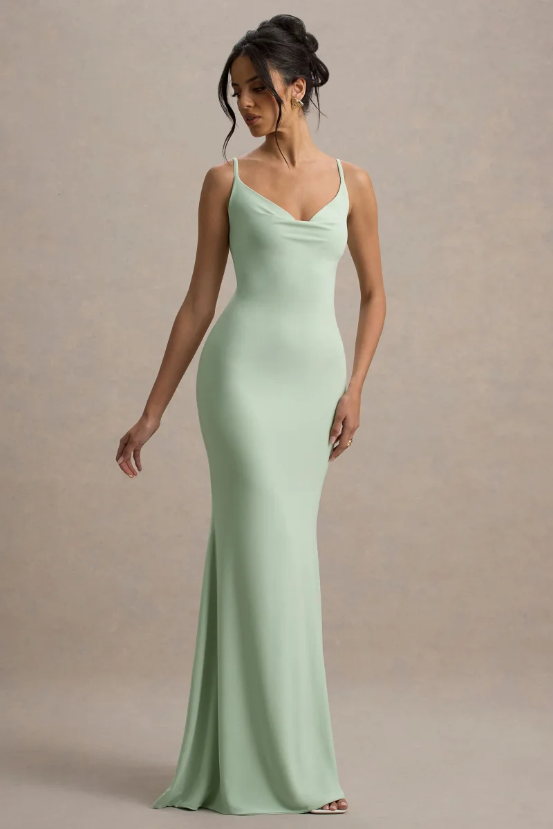 Francoise | Vestido largo Verde Claro con Escote Drapeado y Espalda Descubierta con Encaje - Imagen 5