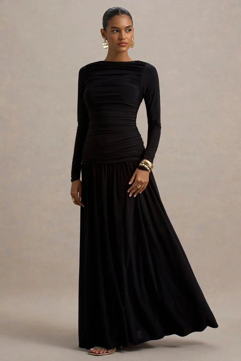Aniyah | Vestido Negro Largo con Cuello Alto y Detalles Fruncidos - Imagen 6