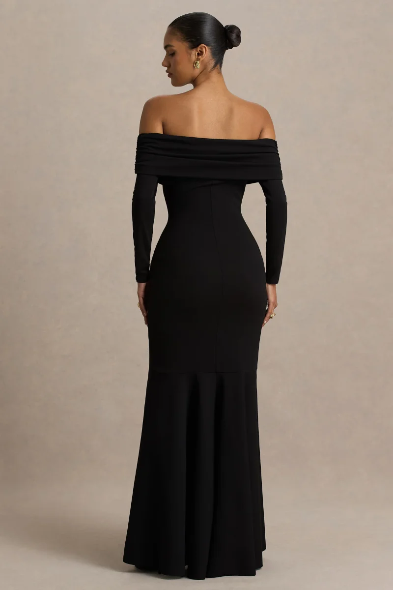 Everlasting | Vestido Largo Negro de Escote Bardot con Cintura Caída - Imagen 3