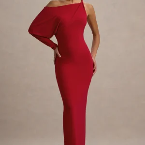 Floria | Vestido rojo largo con una manga drapeada y escote asimétrico