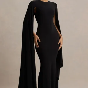 Briony | Vestido Largo Negro con Escote Alto y Mangas Capa