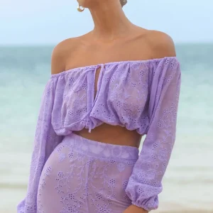 Fabienne | Top Lila Bordado con Escote Bardot y Mangas Abullonadas