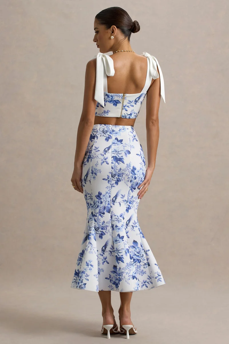 Amadea | Falda midi ajustada de talle alto con estampado de porcelana azul - Imagen 3