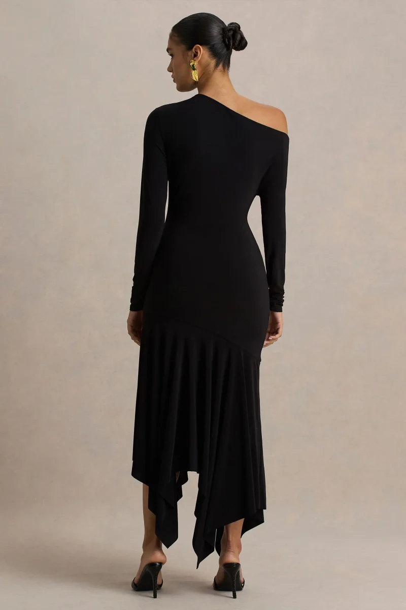 Isola | Vestido Midi Negro con Escote Asimétrico y Cintura Caída - Imagen 3