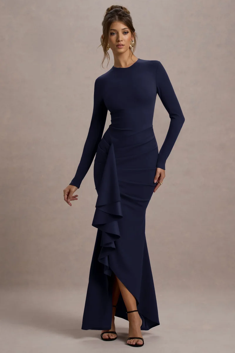 Alayna | Vestido largo ajustado al cuerpo de manga larga con volante lateral en color azul oscuro - Imagen 6