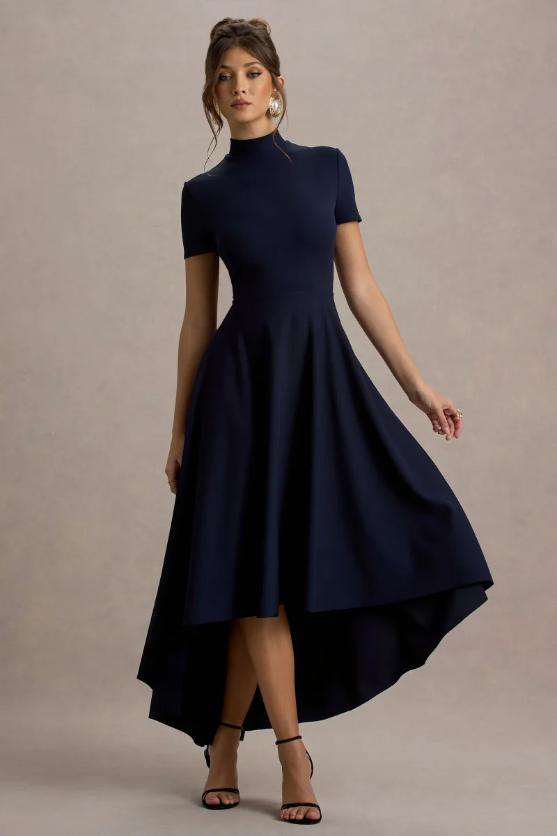 Bellona | Vestido midi azul marino con mangas cortas y falda asimétrica - Imagen 7