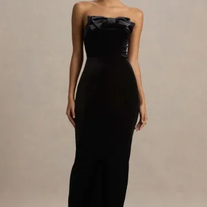 Illusion | Vestido Largo Negro De Terciopelo Palabra De Honor Con Lazo