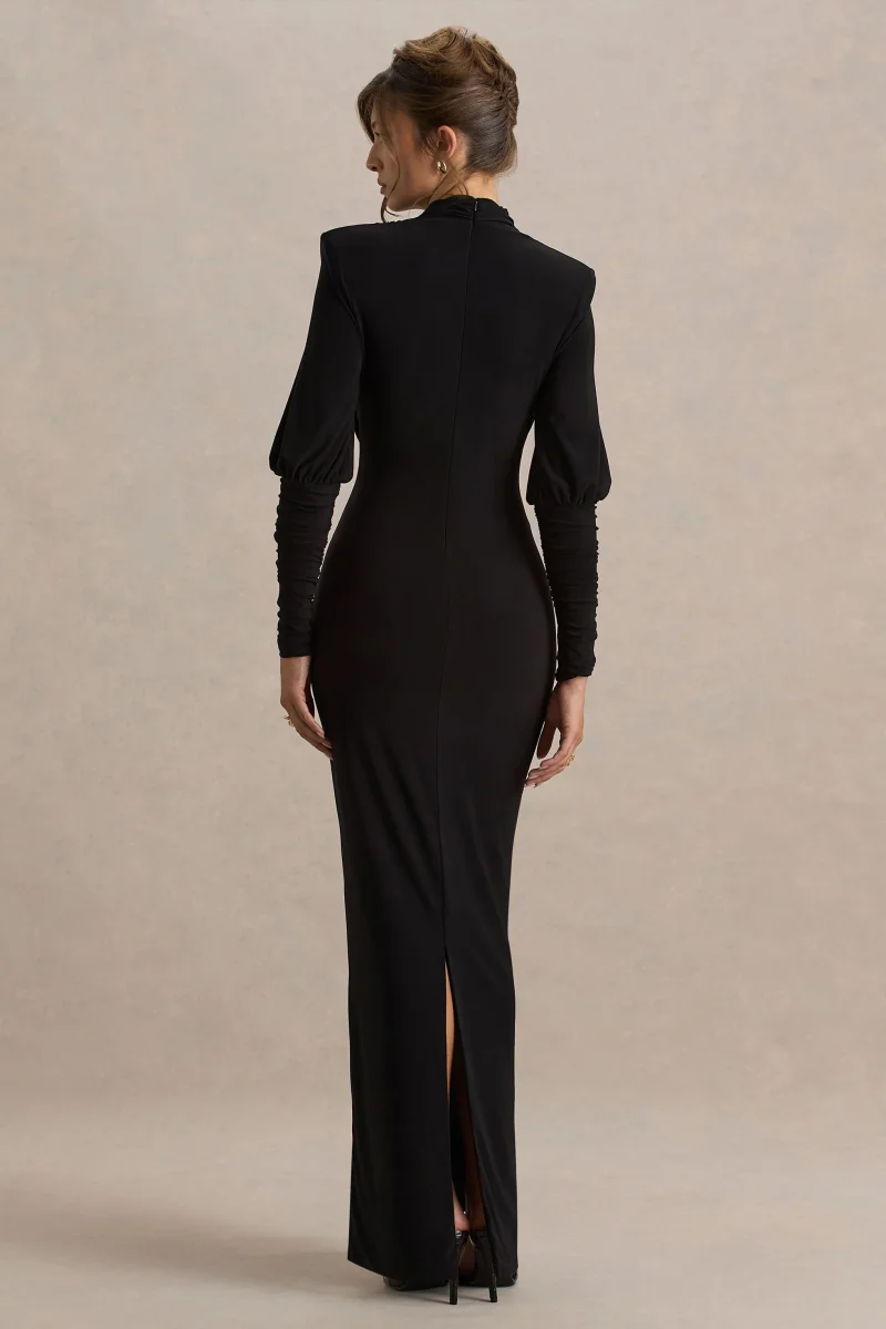 Kaylee | Vestido largo negro con mangas largas y escote profundo - Imagen 3