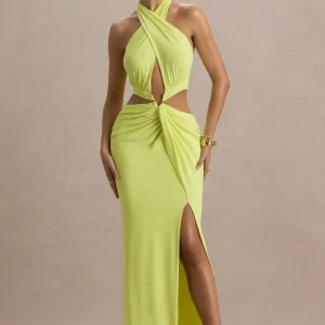 Aura | Vestido largo en Verde Lima con Escote Halter y detalles de aberturas