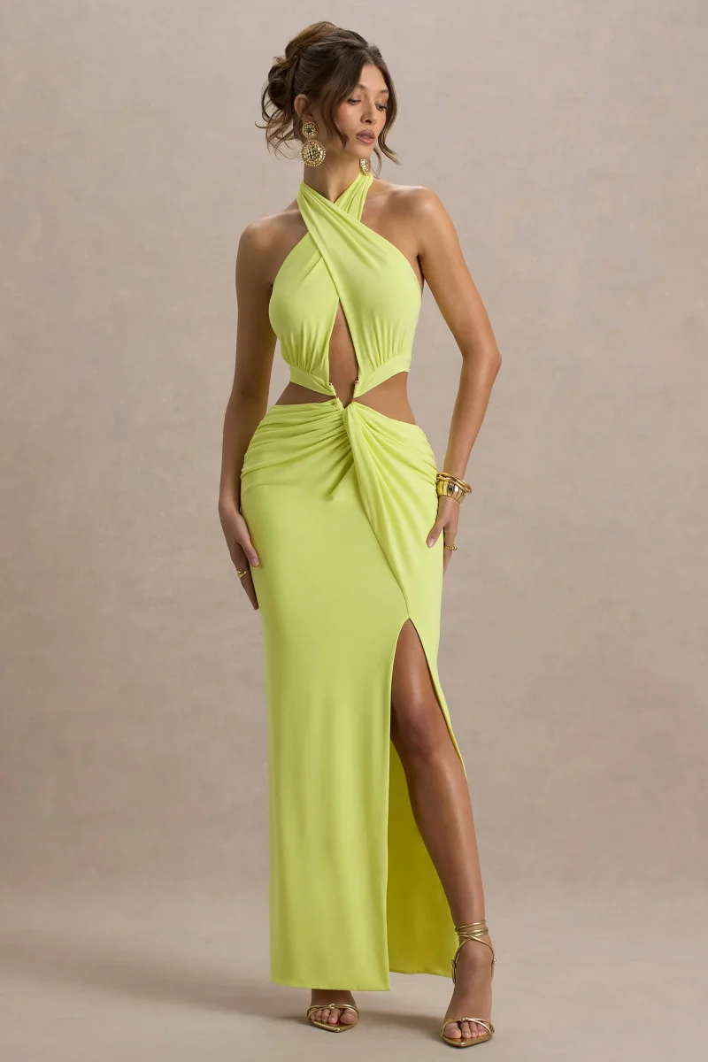 Aura | Vestido largo en Verde Lima con Escote Halter y detalles de aberturas - Imagen 2