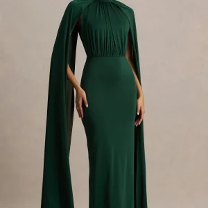 Darielle | Vestido largo de Escote Alto con Mangas Capa Verde Botella