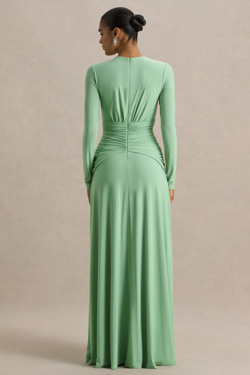 With Me | Vestido largo verde de cuello alto con frunces y aberturas - Imagen 3