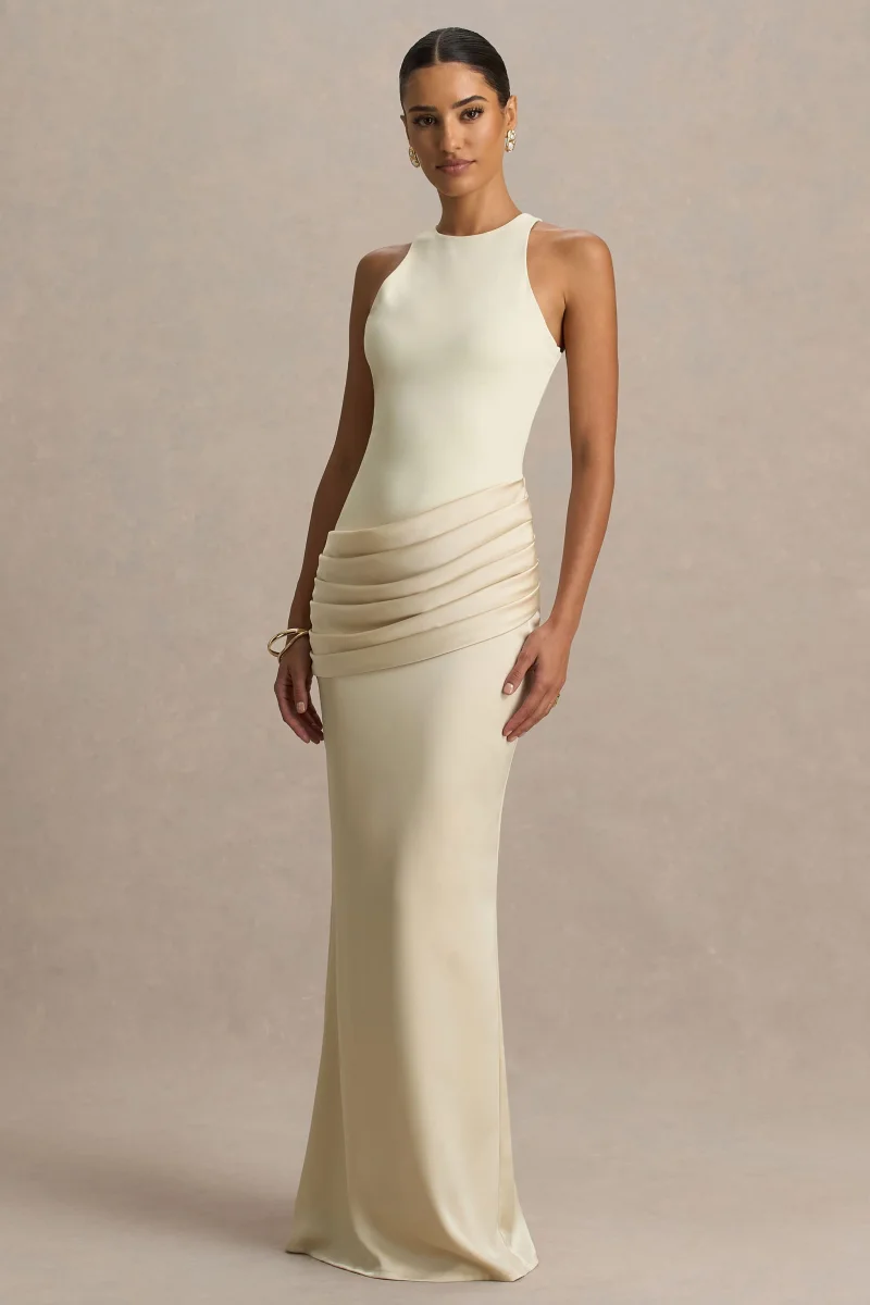 Akari | Vestido Largo Crema de Cuello Redondo con Falda de Satén - Imagen 5