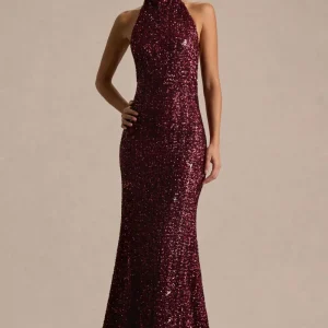 Tulia | Vestido Largo Burdeos de Lentejuelas con Escote Alto