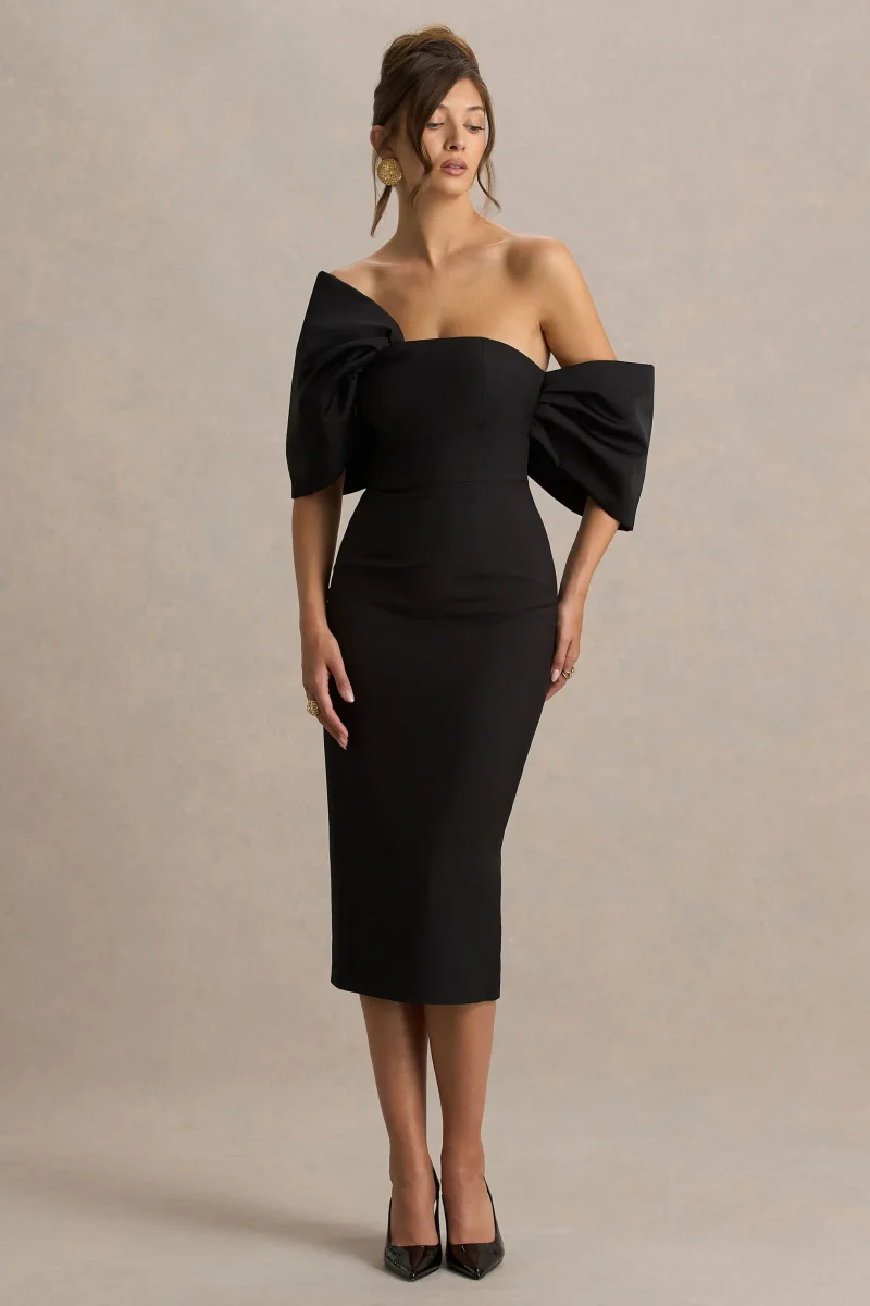 Lucille | Vestido midi negro con escote bardot asimétrico - Imagen 6