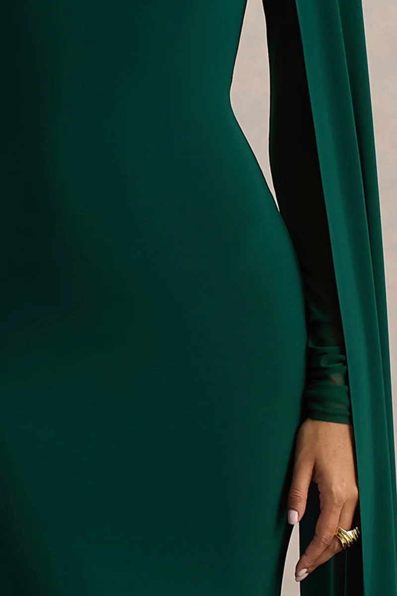 Isla | Vestido Largo Verde Botella de Cuello redondo con Manga Capa - Imagen 7