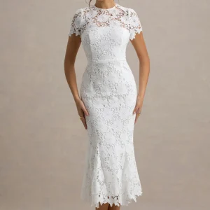 Clarissa | Vestido midi de encaje blanco con mangas cortas