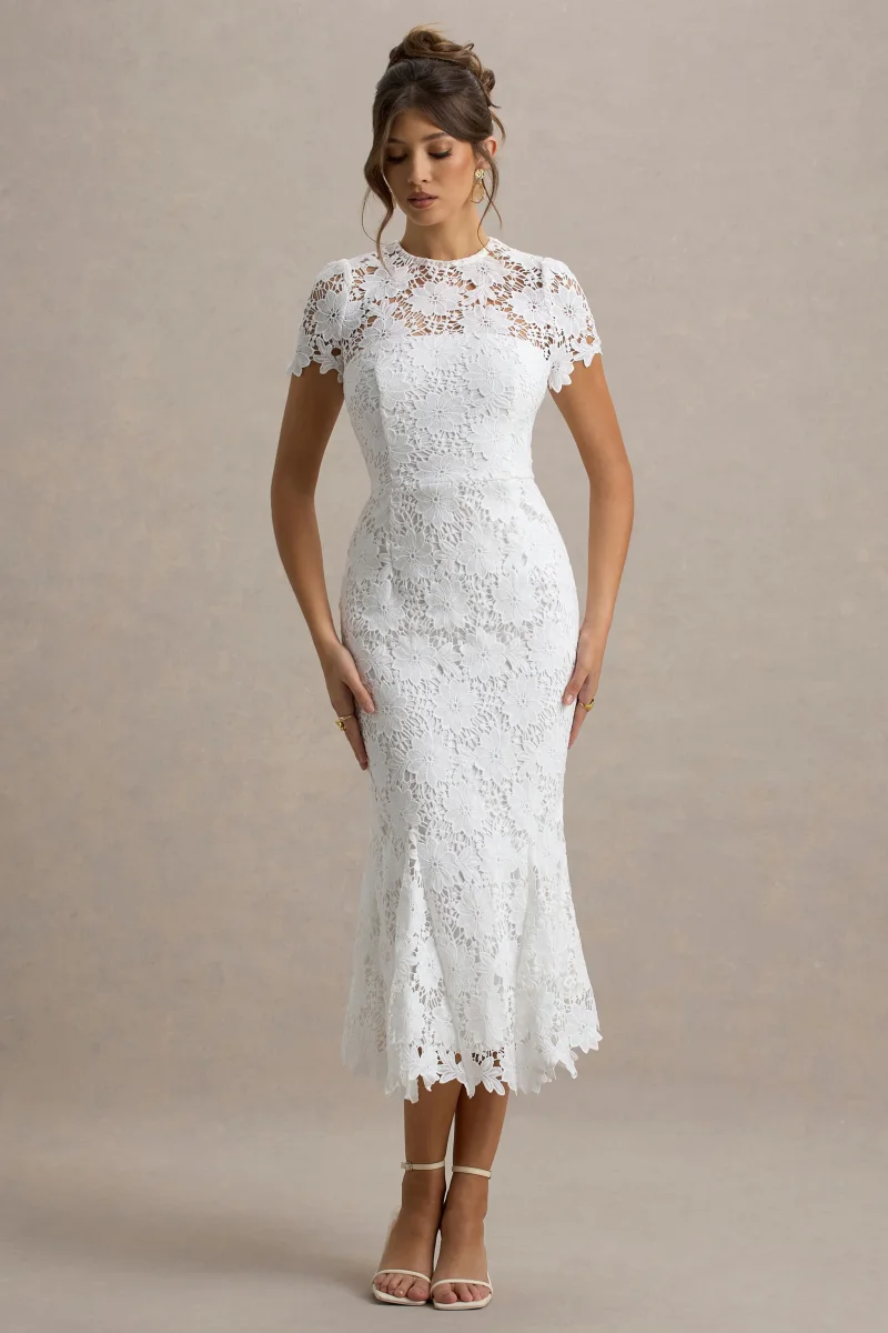 Clarissa | Vestido midi de encaje blanco con mangas cortas