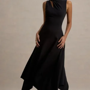 Francesca | Vestido Midi Negro con abertura en el hombro y bajo asimétrico