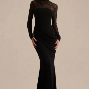 Deema | Vestido Largo Negro de Jersey y Malla con Cuello Alto