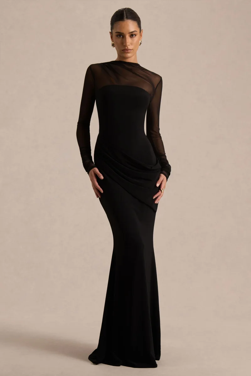 Deema | Vestido Largo Negro de Jersey y Malla con Cuello Alto