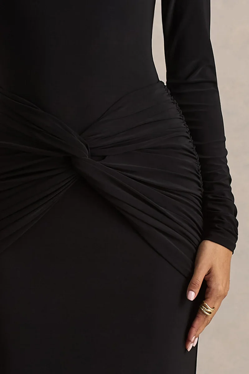 Alula | Vestido Largo Negro con Escote Alto y Detalle de Nudo - Imagen 7