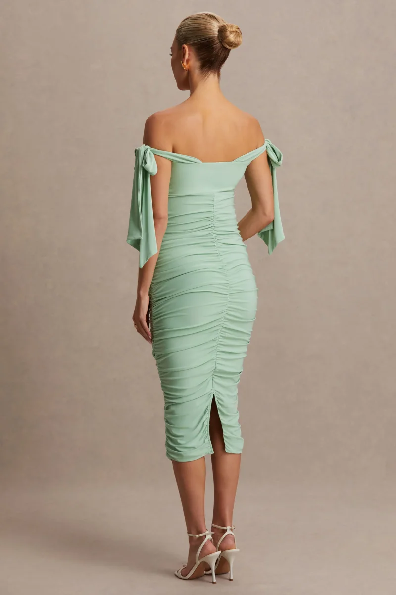 Chandelier | Vestido Midi premamá en verde Claro con Escote Bardot y Detalles de Lazo - Imagen 3