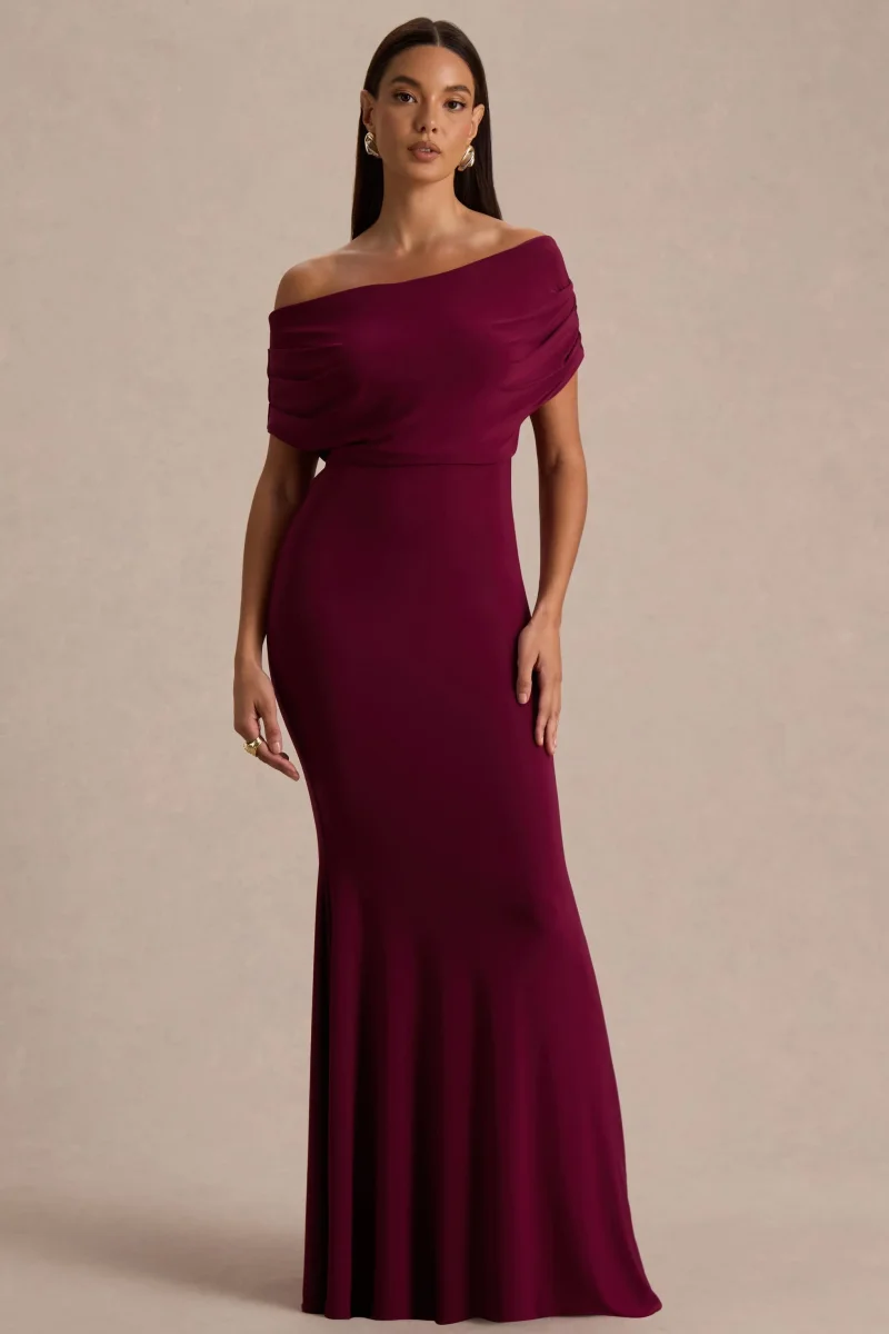 Bowden | Vestido Largo Berry con Escote Bardot - Imagen 6