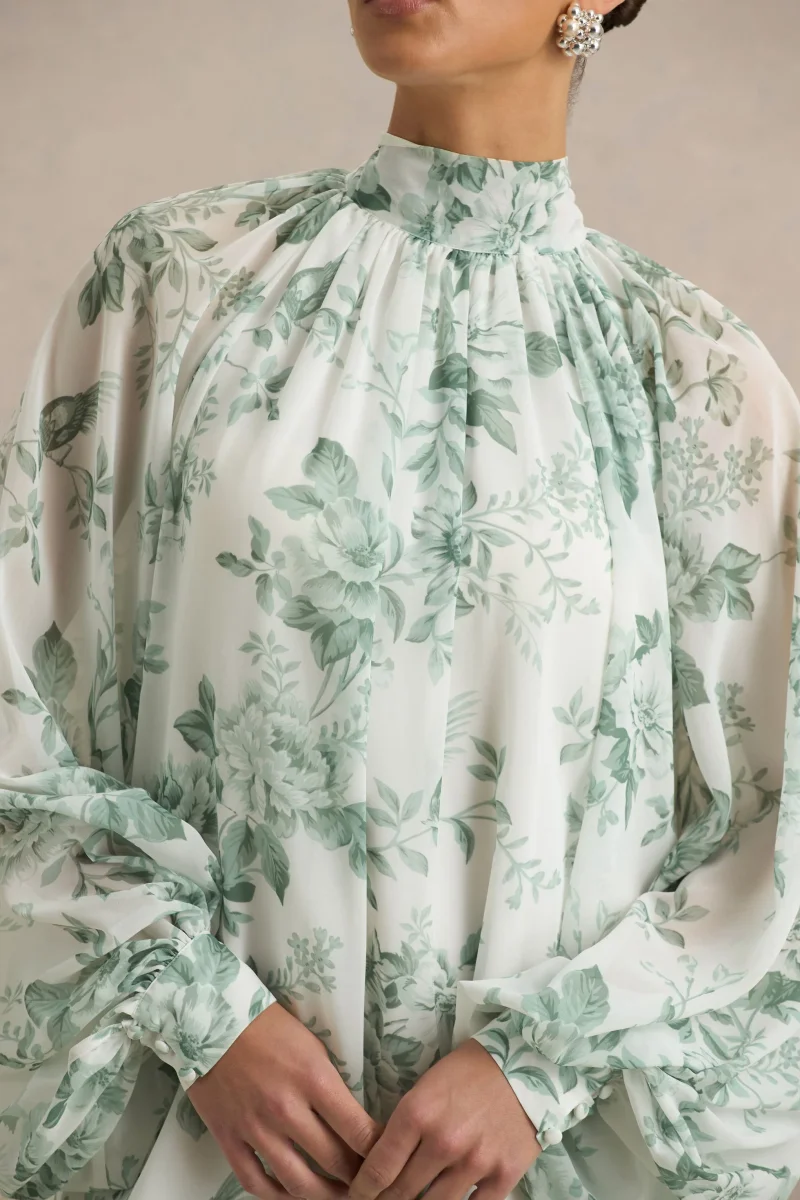 Delphia | Vestido Largo de Chiffón y Estampado Floral Verde - Imagen 7