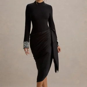 Luanna | Vestido Midi Negro de Satén con Mangas Largas y Falda Drapada
